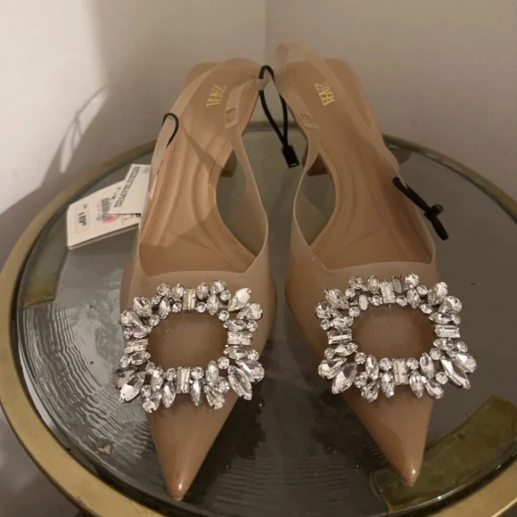 Zara Beige Heels with Crystal Embellishments - Picture 5 of 5